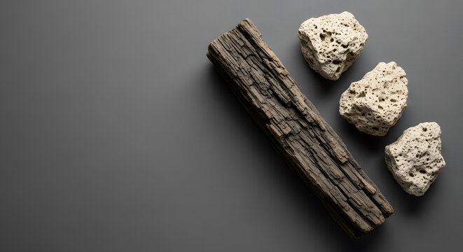 Dark Textured Wooden Log and Three Pieces of Porous White Volcan