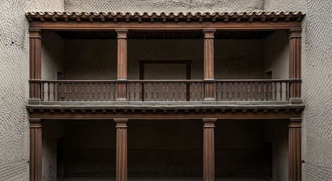Detailed view of the reconstructed wooden balcony in ancient Her