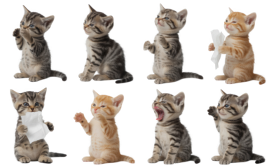 Collection of eight adorable kittens posing in various cute positions isolated on transparent background