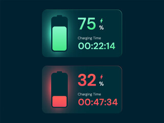 Electric vehicle (EV) Battery Charging interface with Battery Charging rim light effect is in the background showcasing status Charging and low vector illustration design concept for EV Car, ui, web.