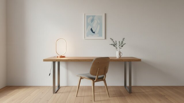 Clean modern home office space with minimalist wooden desk and ergonomic chair for focused work - Powered by Adobe