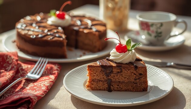 A delicious slice of cake with chocolate drizzle and whipped cream on top, served on a white plate with a cup of coffee in the background.