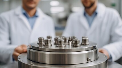 Two scientists in lab coats present advanced metallic scientific equipment in a laboratory