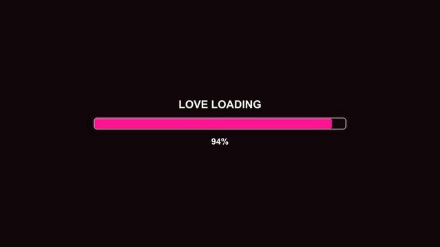 Progressbar animation displays a loading sequence for love, reaching 100 percent. This is suitable for video creators and streamers to engage their audience.