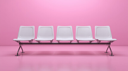Modern White Public Waiting Bench With Five Seats Against Pink Studio Background