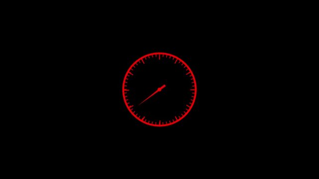 Red analog clock face on a black background time dial. Clock icon flat style 24 hours day fast speed with moving timer clock rotation