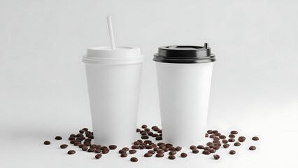 Two white disposable coffee cups with lids and coffee beans on a white background.
