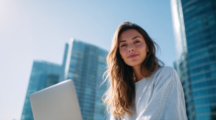 Fototapeta premium Young Woman Working on Laptop Outdoors with Modern City Skyline Background