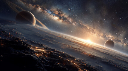 Cosmic Sunrise Over a Ringed Planet Scene With Milky Way And Horizons