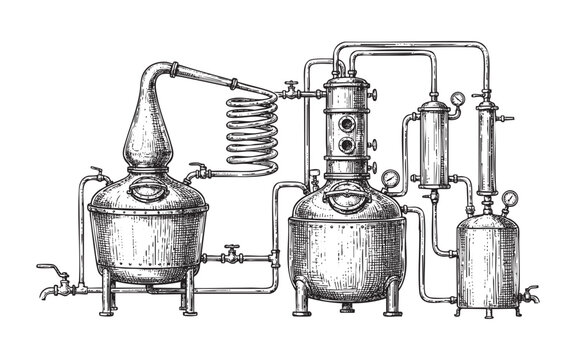 Copper Distilling machine engraving vector illustration