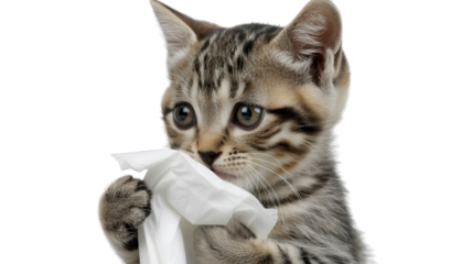 Cute tabby kitten holding a tissue, looking sick or having allergies, isolated on transparent background