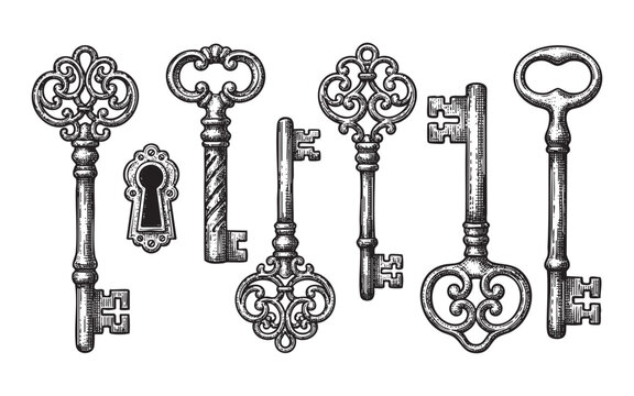 Ornate Skeleton Keys and Keyholes set engraving vector illustration