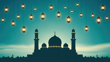 Illuminated mosque backround silhouette at dusk 
