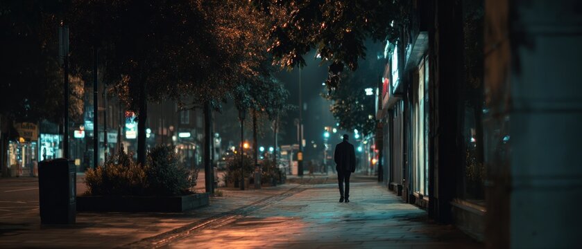Person walking on a sidewalk at night