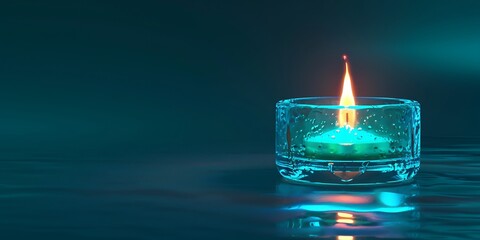 Single candle flame glows in tranquil teal light, casting reflections on dark water surface.