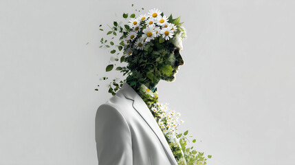 Portrait in White Suit With Floral Crown and Nature Elements, Modern Fashion Portrait In Artful greenery