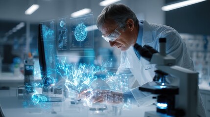 Fototapeta premium Scientist working with data and microscope in a laboratory