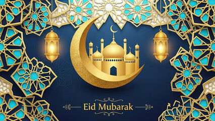 Celebrating eid mubarak with golden mosque 