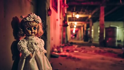 Creepy porcelain doll in abandoned place