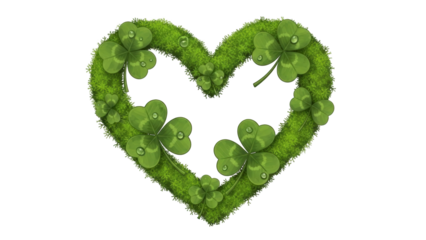Heart shaped green clover leaves with water droplets on black background
