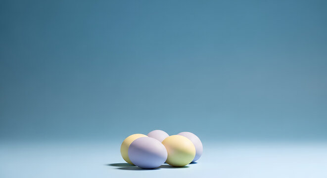 Group of colorful pastel dyed eggs against a seamless blue studi