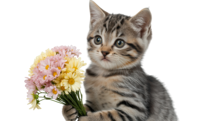 Adorable tabby kitten holding a small bouquet of pink and yellow daisies isolated on transparent background