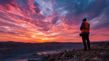 Obraz premium Engineer observing sunset on a landscape