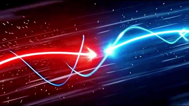 Abstract high speed motion of red and blue light trails with glowing sparks