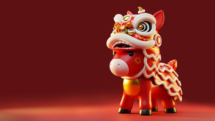 Fototapeta premium Red horse wearing lion mask embodies Chinese New year. Cultural design features gold details, vibrant colors, perfect Chinese New year. Ideal holiday greetings, promotions, auspicious marketing.
