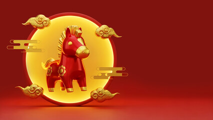 Fototapeta premium 3D Red Horse Figurine Golden Clouds Chinese New Year Card Design, Lunar New Year Greeting Template for Festive Social Media, Cultural Websites