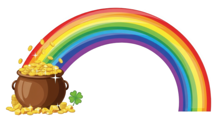 Vibrant rainbow leads to a pot of gold coins and a shamrock