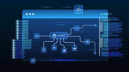 AI workflow automation artificial intelligence. ai agent network diagram dashboard machine learning flow process, coding and automation system.
