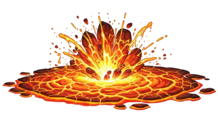 Vibrant lava explosion on black background with molten rock splashes