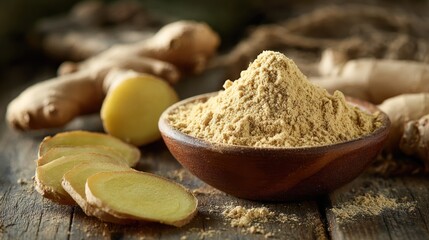 Fototapeta premium Close up of ginger root slices and powder