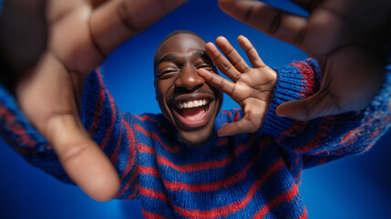 Joyful Man Laughing Close-Up With Hands Framing Face In Blue and Red Knit Sweater