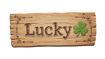 Lucky wooden sign with green shamrock on black background