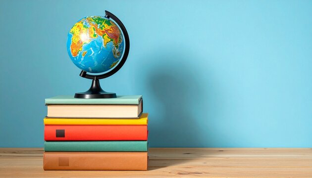 Stack of colorful hardcover books with globe on top showing Africa and Europe, placed on wooden surface against blue background. - Powered by Adobe