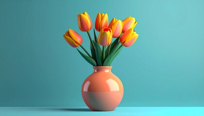 Vibrant Orange Tulips in a Glossy Peach Vase Against a Teal Studio Background
