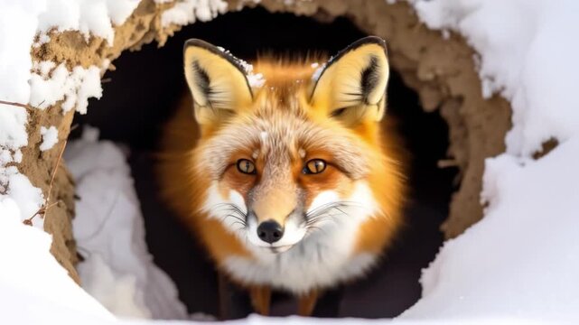 Alert red fox emerging from winter burrow surrounded by snow