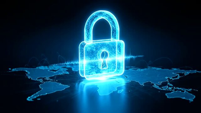 Glowing Padlock on World Map Background.