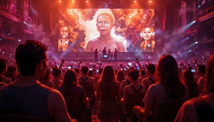 Excited concert crowd enjoying live performance with vibrant visuals