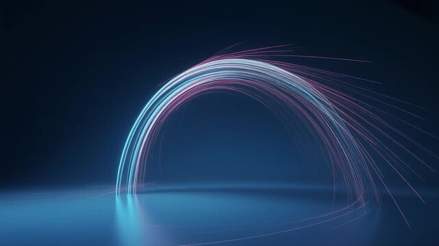 Holographic arc sweeping quickly slowing down smooth motion easing shimmering trails cascading smoothly across surreal cinematic futuristic ambience ethereal atmosphere glow layers