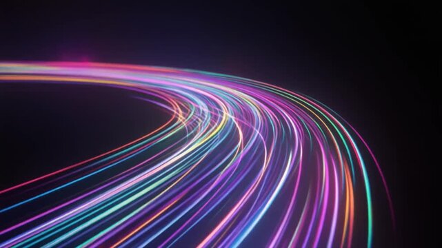 Glowing holographic arc sweeping quickly slowing down smooth motion easing shimmering trails spreading softly across surreal cinematic futuristic atmosphere glow layers