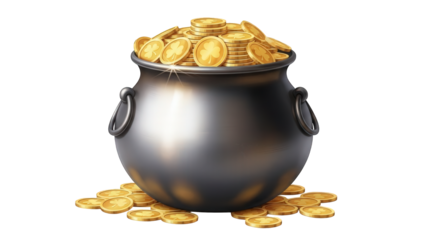 Golden coins overflowing from a shiny black cauldron