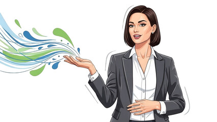 Confident businesswoman presenting dynamic colorful data visualization
