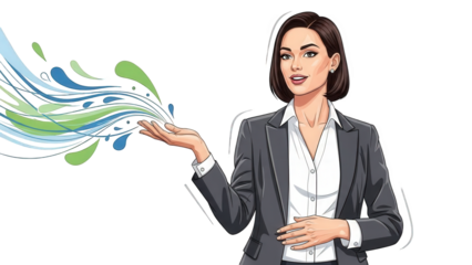 Confident businesswoman presenting dynamic colorful data visualization