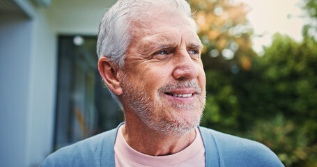 Senior, happy man or thinking with nature for outdoor retirement, holiday or weekend. Elderly, male person or thoughtful pensioner with smile, vision or sight for retired break or morning fresh air © peopleimages.com