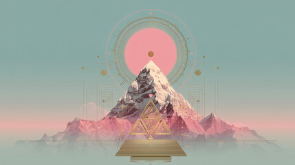 Spiritual Mountain with Geometric Halo and Staircase in a Dreamy Pastel Landscape