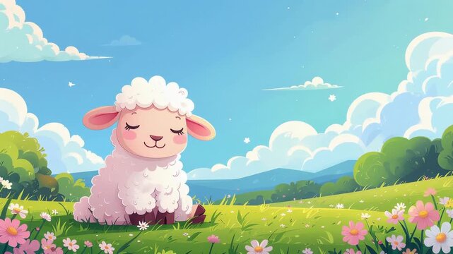 草原で居眠りする羊アニメーションループ