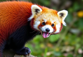 Obraz premium Funny red panda with tongue out, reddish-brown fur, long shaggy tail, and curious expression Mammal from Himalayas, reddish-brown, exotic